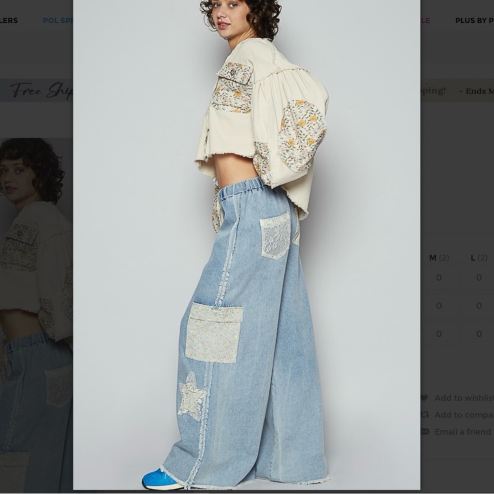 NEW - POL Light Blue Lace Star Patchwork Wide Leg Jeans - Picture 3 of 5